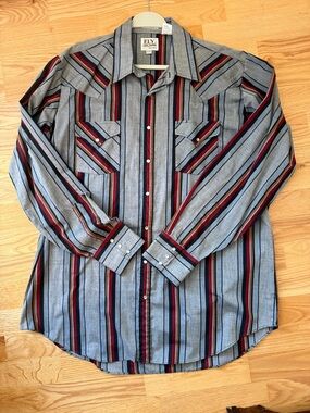 ELY Cattleman Western Shirt Men XL Tall Pearl Snap Striped Gray Red Vintage